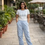 woman wearing a casual white graphic t shirt and light blue cargo pants co ord set (6)