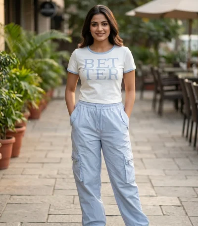 woman wearing a casual white graphic t shirt and light blue cargo pants co ord set (6)