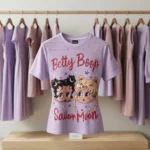 woman wearing a lavender oversized eyelet t shirt with a Betty Boop and Sailor Moon graphic print (1)