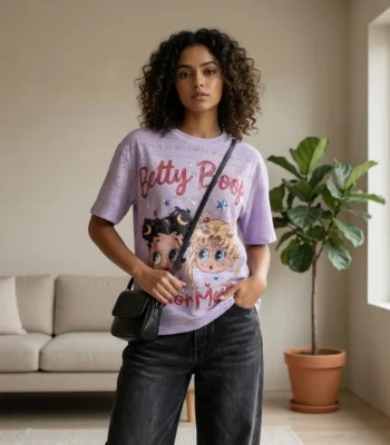 woman wearing a lavender oversized eyelet t shirt with a Betty Boop and Sailor Moon graphic print (2)
