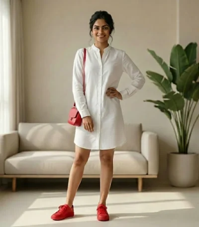 woman wearing a white cotton linen long shirt dress with a mandarin collar (1)