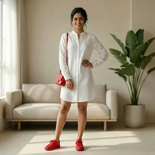woman wearing a white cotton linen long shirt dress with a mandarin collar (1)