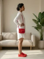 woman wearing a white cotton linen long shirt dress with a mandarin collar (4)