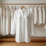 woman wearing a white cotton linen long shirt dress with a mandarin collar (5)
