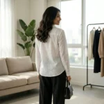 woman wearing a white crinkled cotton long sleeve shirt (2)