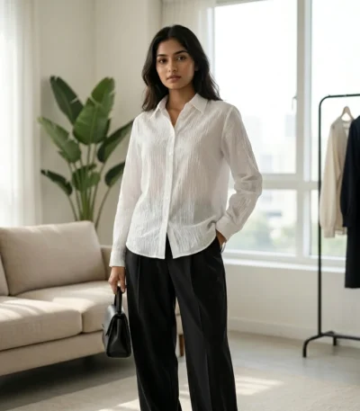 woman wearing a white crinkled cotton long sleeve shirt (4)