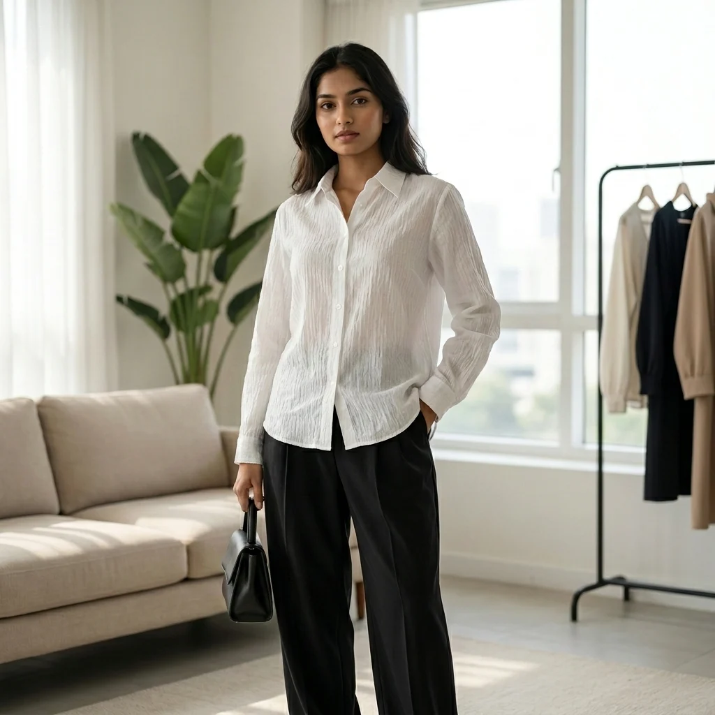 woman wearing a white crinkled cotton long sleeve shirt (4) woman wearing a white crinkled cotton long sleeve shirt (4)