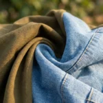 woman wearing an olive and blue denim two tone midi dress (1)