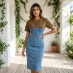 woman wearing an olive and blue denim two tone midi dress (2)