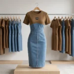 woman wearing an olive and blue denim two tone midi dress (3)
