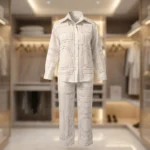 woman wearing white geometric patterned co ord set (2)