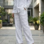 woman wearing white geometric patterned co ord set (4)