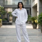 woman wearing white geometric patterned co ord set (6)