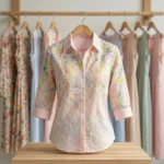 women's light pink casual shirt showing detailed floral print and thread embroidery, (1)