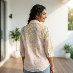 women's light pink casual shirt showing detailed floral print and thread embroidery, (2)