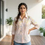 women's light pink casual shirt showing detailed floral print and thread embroidery, (3)