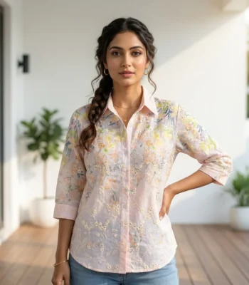 women's light pink casual shirt showing detailed floral print and thread embroidery, (3)