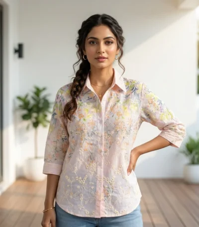 women's light pink casual shirt showing detailed floral print and thread embroidery, (3)