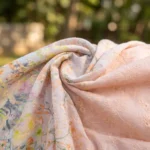 women's light pink casual shirt showing detailed floral print and thread embroidery, (4)