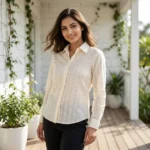 women's off white floral embroidered button down shirt (3)