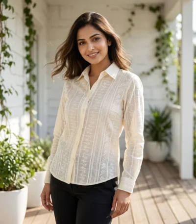 women's off white floral embroidered button down shirt (3)