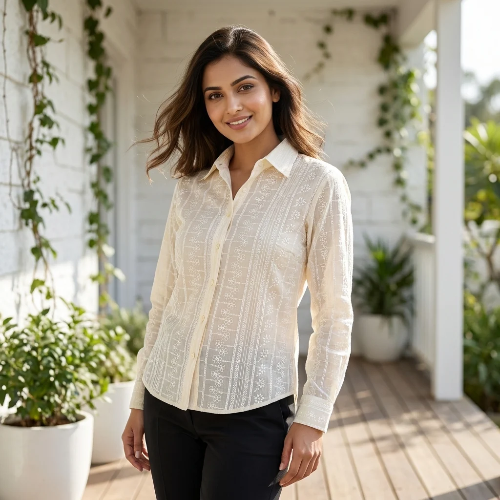 women's off white floral embroidered button down shirt (3) women's off white floral embroidered button down shirt (3)