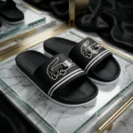 Black Lacoste mens slider sandals with white crocodile logo (1)