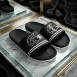 Black Lacoste mens slider sandals with white crocodile logo (2)