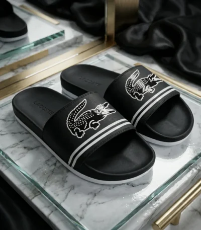 Black Lacoste mens slider sandals with white crocodile logo (2)