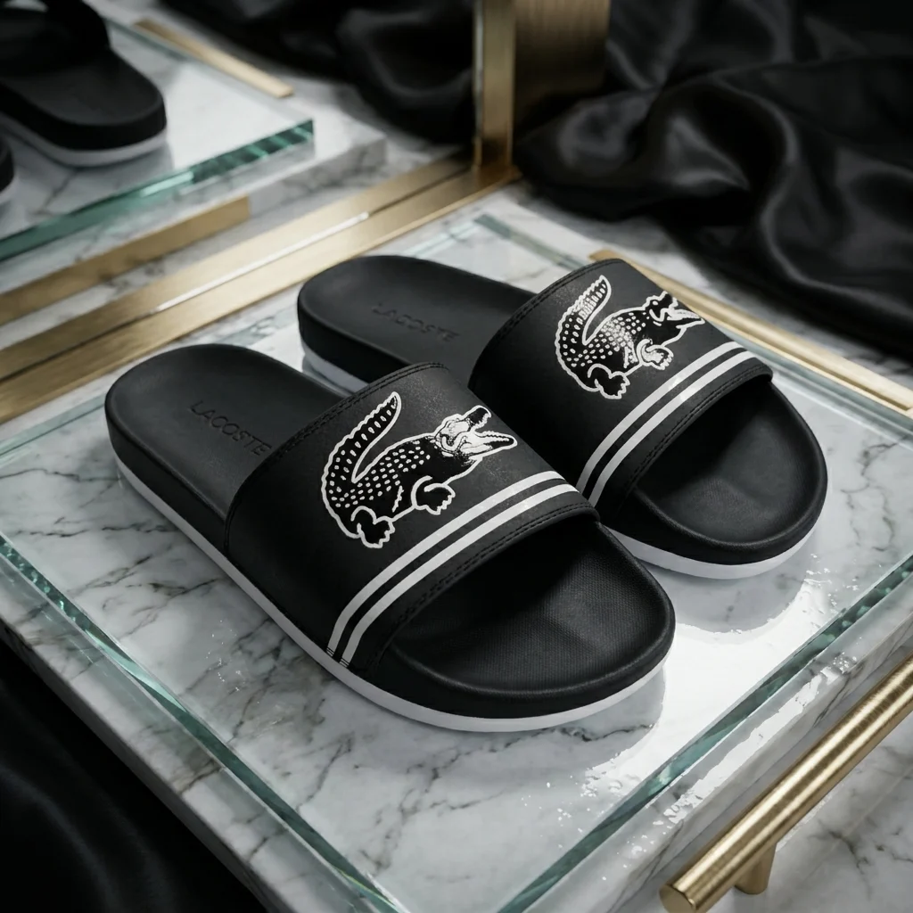 Black Lacoste mens slider sandals with white crocodile logo (2)