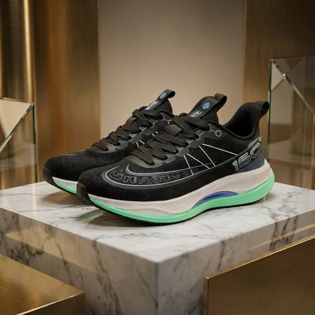 Black athletic running shoe with white midsole and mint green outsole (3) Black athletic running shoe with white midsole and mint green outsole (3)