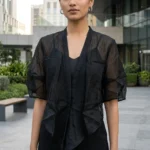 Black sheer crinkled tie up short shrug for women (3)