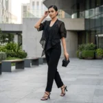 Black sheer crinkled tie up short shrug for women (4)
