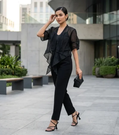 Black sheer crinkled tie up short shrug for women (4)