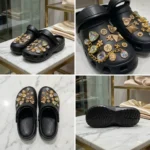 Black slip on womens clogs decorated with gold hardware and crystals (2)