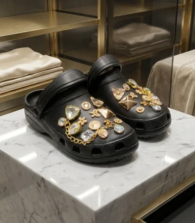 Black slip on womens clogs decorated with gold hardware and crystals (3)