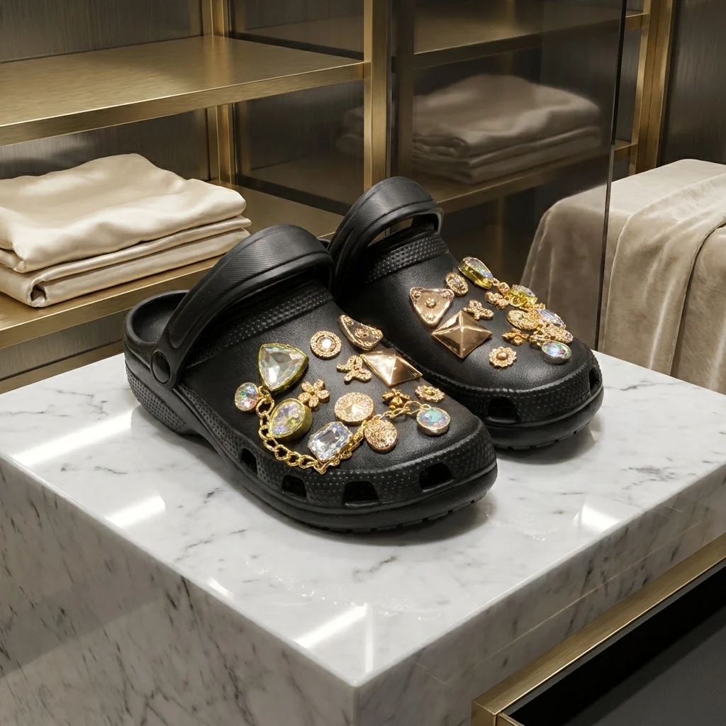 Black slip on womens clogs decorated with gold hardware and crystals (3)