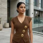 Brown ribbed asymmetric waistcoat top (4)