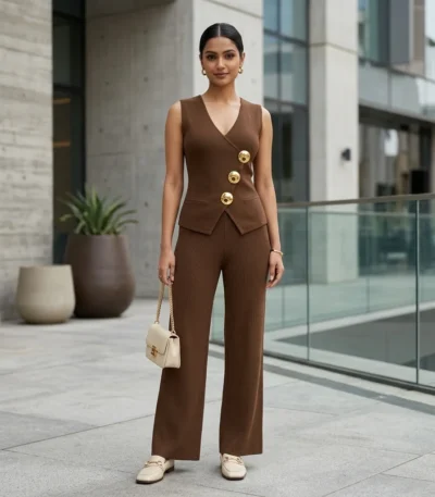 Brown ribbed asymmetric waistcoat top (5)
