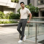 Charcoal grey tailored slim fit men's trousers in textured fabric (1)