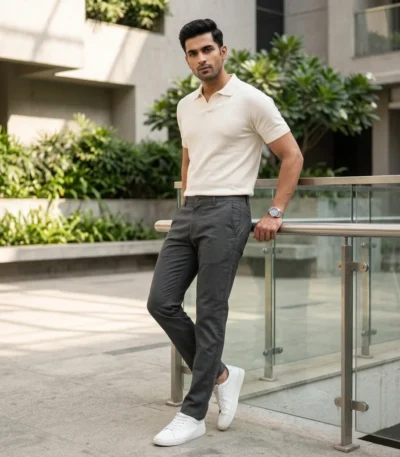Charcoal grey tailored slim fit men's trousers in textured fabric (1)