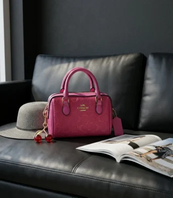 Coach pink signature embossed womens top handle satchel bag with cherry charm (6)