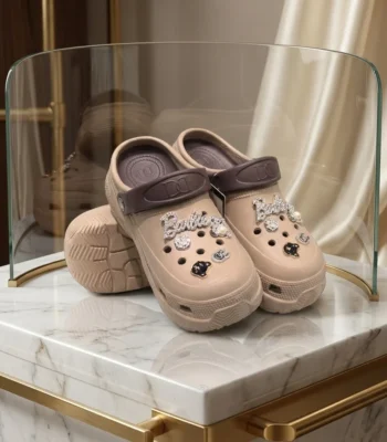 DD beige platform women bclogs with Barbie crystal charms (2)