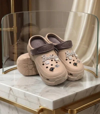 DD beige platform women bclogs with Barbie crystal charms (2)