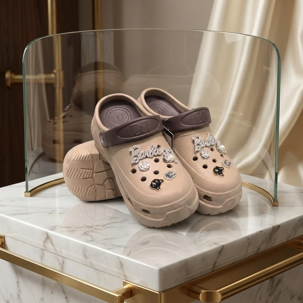 DD beige platform women bclogs with Barbie crystal charms (2) DD beige platform women bclogs with Barbie crystal charms (2)