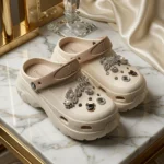 Double D women cream chunky platform clogs decorated with rhinestone and pearl charms (2)