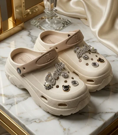 Double D women cream chunky platform clogs decorated with rhinestone and pearl charms (2)
