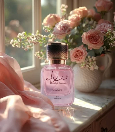 Elxi French Girl pink luxury perfume bottle on marble with roses