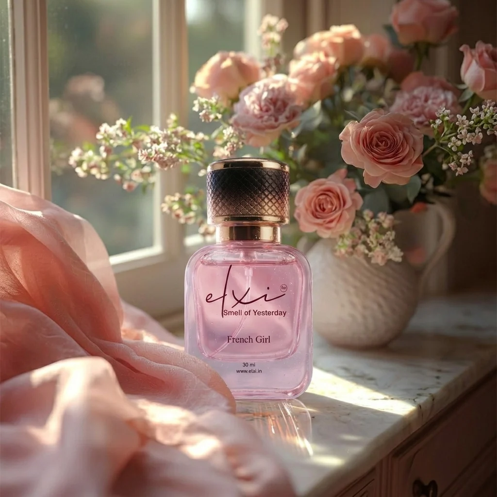 Elxi French Girl pink luxury perfume bottle on marble with roses