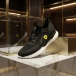 Ferrari black slip on sneaker featuring a yellow shield logo and thick white sole (1)